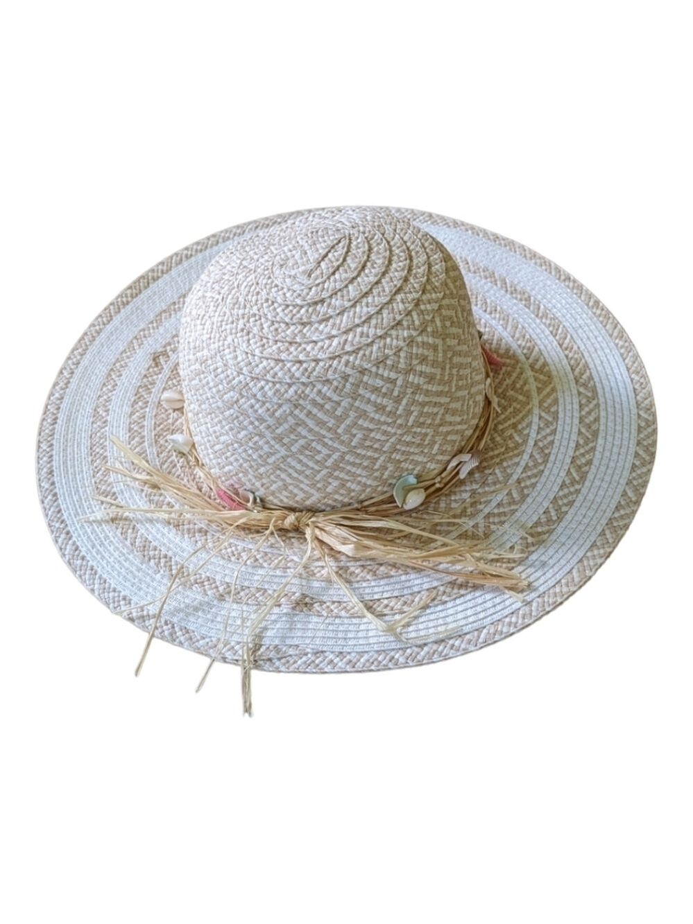 Island Beach Wide Brim Adjustable Sun Hat with shell accents EUC